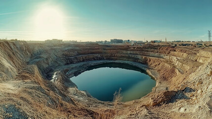 Breathtaking vista of a flooded quarry reflecting a city with a panoramic view under the golden sun