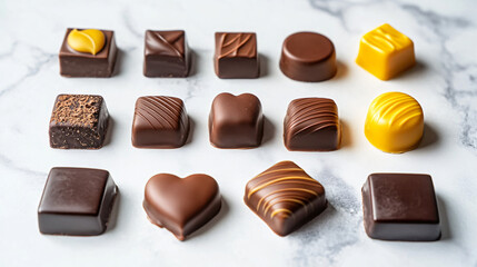 Obraz premium A luxurious selection of chocolate pralines, including rich fillings like salted caramel, hazelnut truffle, and espresso cream, arranged in a sophisticated wooden box for the ultimate indulgence.