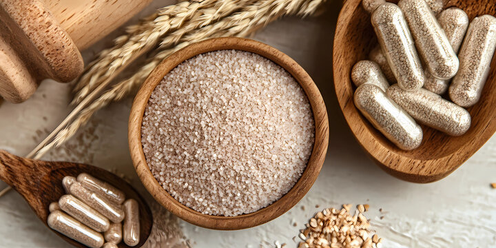 A fiber supplement scene with Psyllium Husk and digestive health icon, indicating fiber supplement benefits