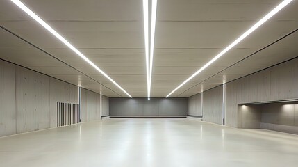 Obraz premium Empty modern hall with long linear lights, concrete walls, and polished floor.