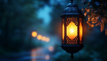 The Muslim feast of the holy month of Ramadan Kareem. Beautiful background with a shining lantern