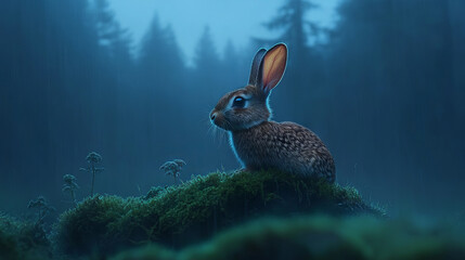 Rabbit sitting on a mossy hill in a dark forest during rainfall with a misty blue atmosphere. Wildlife photography. Nature and tranquility concept for design and print.