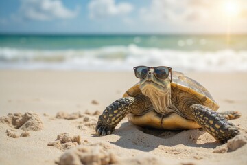 Obraz premium Turtle wearing sunglasses relaxing on a sunny beach