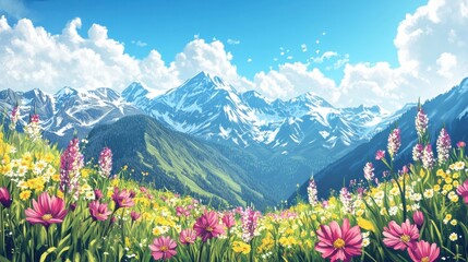 Obraz premium Illustrated sunny mountain landscape - A digital art illustration of a vibrant, sunny mountain landscape with flowers and hills