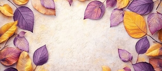 Fototapeta premium Colorful autumn leaves frame on textured background with copy space for text or design elements
