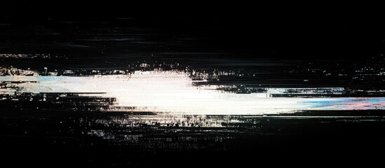 Abstract glitch art background with horizontal color distortions and light streaks on a dark backdrop, featuring ample copy space.