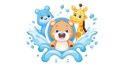 An eye-catching poster design showcasing a circular logo for a daycare center, incorporating animated characters like a friendly bear and a playful giraffe amid a splash of bright colors. The playful