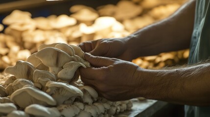 Obraz premium Farmer Harvesting Fresh Mushrooms with Care
