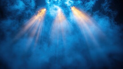 Fototapeta premium Two spotlights pierce blue smoke.