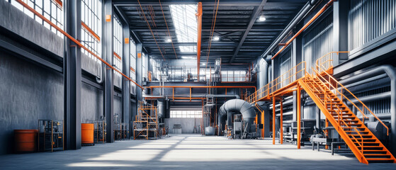 Vibrant industrial interior showcasing pipes, ladders, and machinery in a modern construction environment
