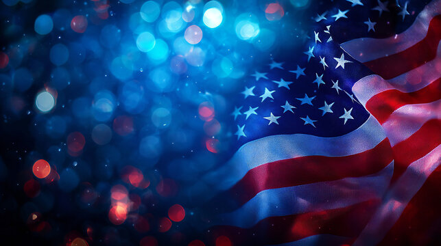 American flag and bokeh background with copy space for american celebration
