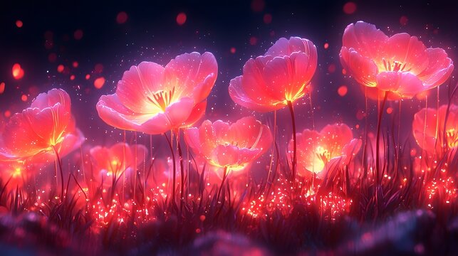 Bioluminescent Tulip Field Bathed in Ethereal Moonlight Soft Breeze Swaying Blooms