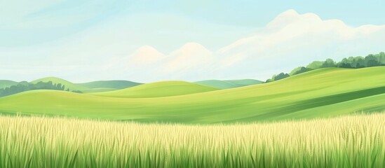 Fototapeta premium Lush green landscape with rolling hills and blue sky featuring soft clouds and ample copy space for text placement