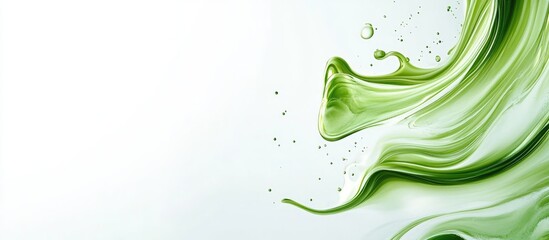 Green abstract wave with splashes and soft curves on a white background providing ample copy space