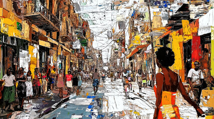 Obraz premium Woman walking down busy street in colorful caribbean city