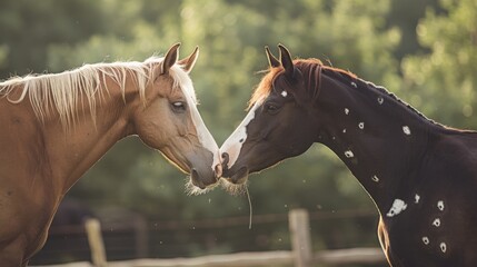 Obraz premium Horses Gently Touching Noses in Soft Natural Light