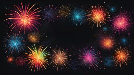 Fototapeta premium Colorful Fireworks Square Banner – Vibrant Festive Display with Glittering Frames, Half Wreaths, Festival Lights, Radiant Bursts, Sparkling Night Sky, Holiday Celebration, and Decorative Elements
