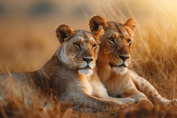 Obraz premium Two lionesses resting peacefully together in golden savanna light