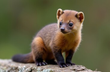Fototapeta premium Close-up of a curious pine marten perched on a mossy log, displaying vibrant fur and inquisitive expression against a blurred forest background