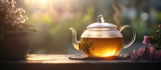 Glass teapot with brewed tea and steam against a blurred garden background with flowers in soft sunlight Copy Space