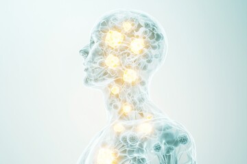A human figure with a translucent body composed of glowing cells surrounded by microscopic particles, symbolizing health, immunity, and the complexity of biological systems