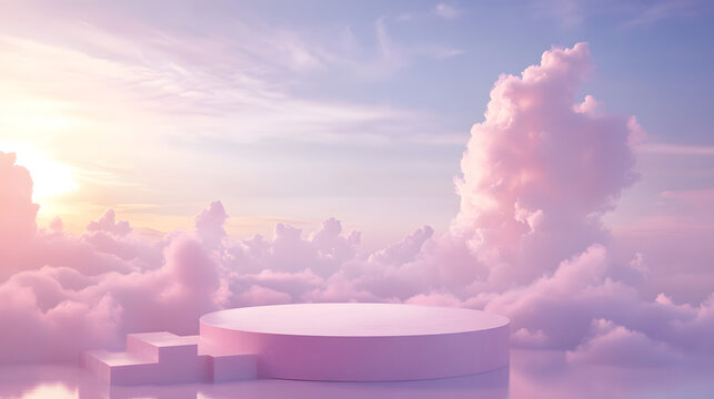 natural beauty podium with a dreamy sky backdrop, perfect for product display, luxury branding, and romantic presentations in a soft and elegant 3d scene.