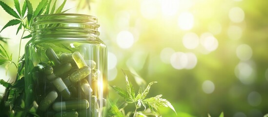 Green herbal capsules in a glass jar surrounded by natural foliage and sunlight with Copy Space for text insertion
