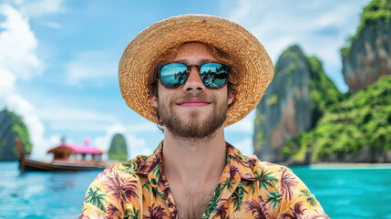 Fototapeta premium young man wearing tropical shirt and sunglasses enjoys sunny day by sea, surrounded by beautiful cliffs and clear blue water, capturing moment of relaxation and adventure
