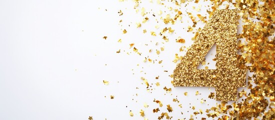 Gold glitter number four with sparkling decorations on a white background and ample copy space for text placement.