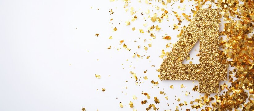 Gold glitter number four with sparkling decorations on a white background and ample copy space for text placement. - Powered by Adobe