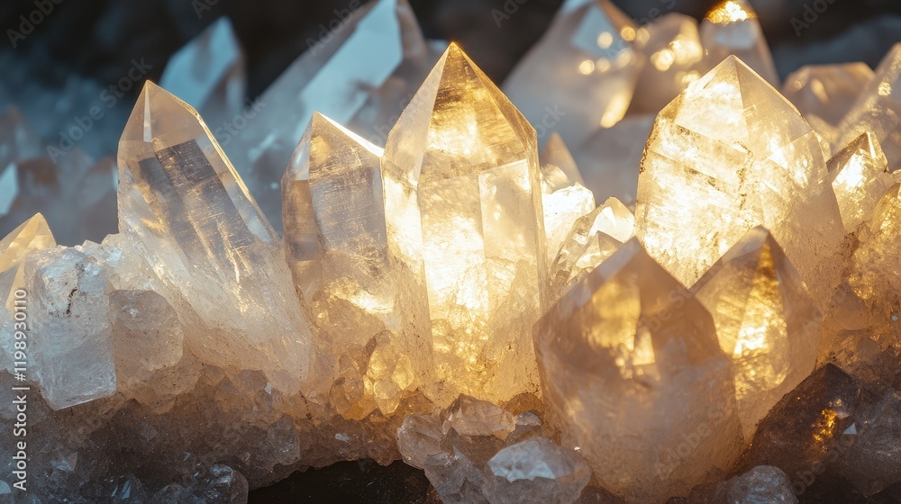 Poster close-up of sparkling quartz crystal formations illuminated from behind with soft light on a dark ba