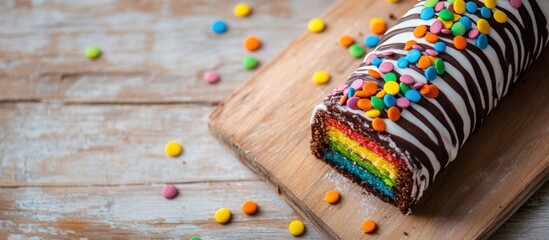 Fototapeta premium Colorful rainbow cake roll with chocolate glaze topped with vibrant candy sprinkles on rustic wooden background with copy space.