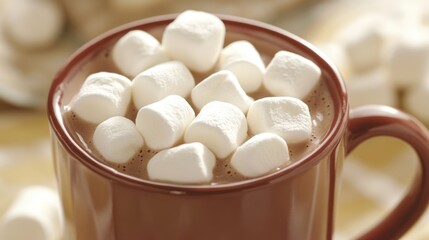 Hot chocolate with marshmallows in a brown ceramic mug surrounded by scattered marshmallows on a table Copy Space