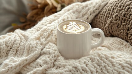 Close-up of a white coffee mug with latte art on a cozy knit blanket with a warm atmosphere and soft textures Copy Space