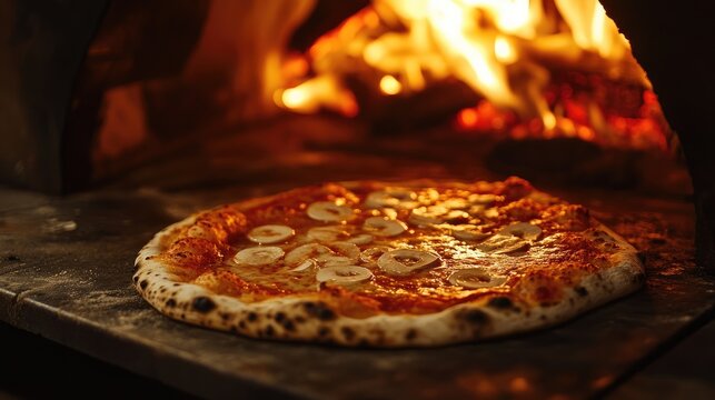 Pizza baking in a traditional wood-fired oven with toppings on a rustic stone surface Copy Space