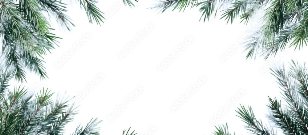 Poster pine tree branch frame on white background with ample copy space for text insertion