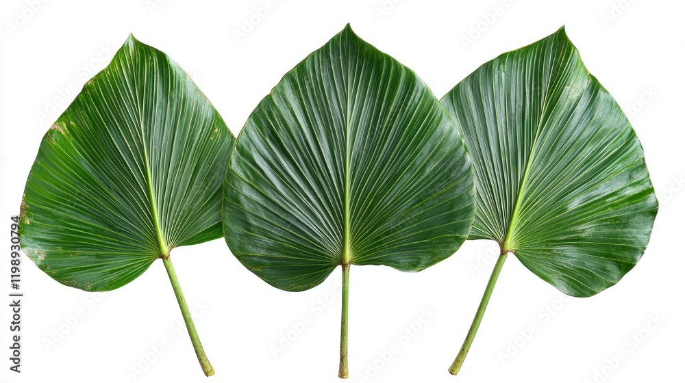 Poster three large green palm leaves arranged in a row with visible veins and textures on a white backgroun