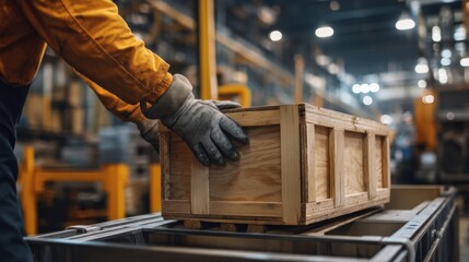 Worker Handling Wooden Crate in Modern Industrial Warehouse Environment