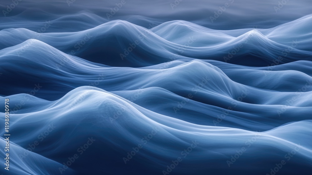 Poster abstract blue ocean waves with smooth flowing shapes and gradients, creating a sense of depth and mo