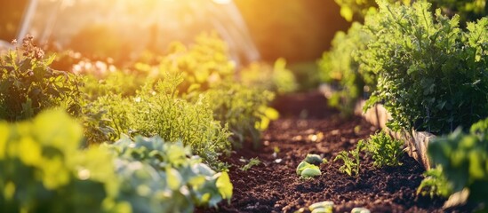 Obraz premium Sunlit vegetable garden path with lush greenery and rich soil, Copy Space for text placement