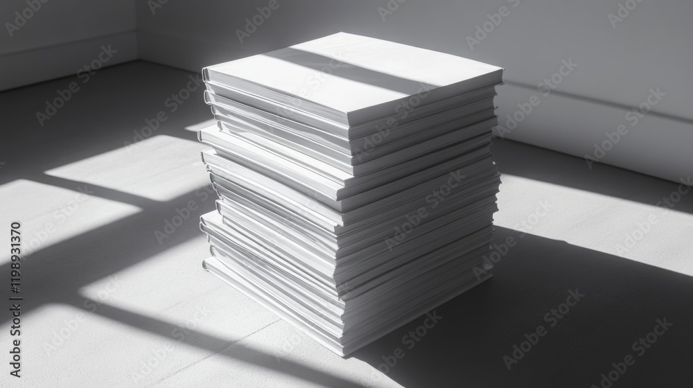 Poster stack of white stack of blank sheets of paper casting shadows on a minimalist floor with ample copy 