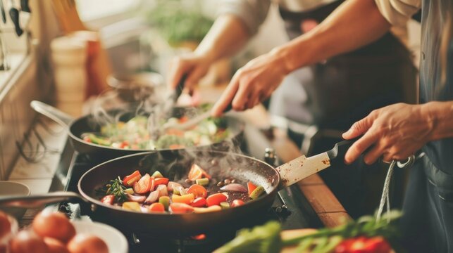 Two people creating a collaborative culinary atmosphere in softly lit kitchen