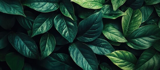 Close-up of lush green leaves with varying shades and textures on a dark background Copy Space