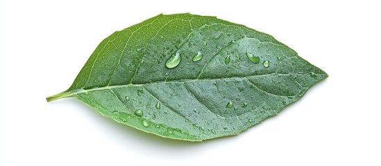 Obraz premium Green leaf with water droplets on a white background providing ample Copy Space for text insertion.