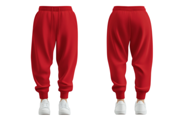 Stylish Red Jogger Sweatpants Front and Back View - Casual Fashion Apparel isolated on transparent background