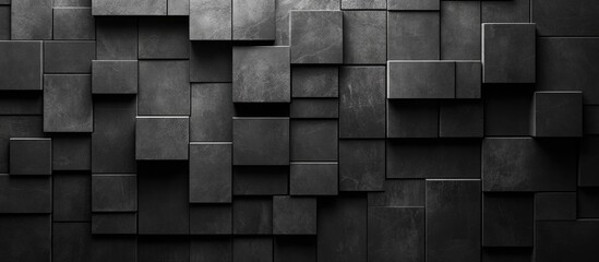 Abstract texture of stacked black geometric boxes on wall with matte finish featuring Copy Space for text or graphics
