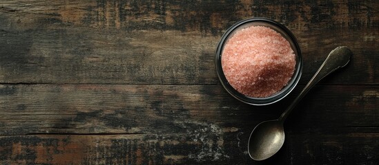 Pink Himalayan salt in a black bowl on a rustic wooden background with a metal spoon, Copy Space