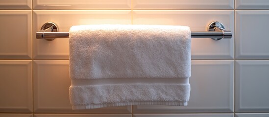 Towel hanging on a chrome bar against a textured wall with warm lighting Copy Space