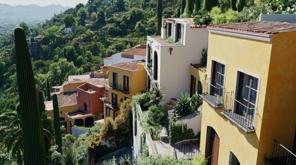 Fototapeta premium Colorful hillside houses surrounded by lush greenery.