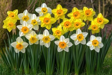 Fototapeta premium A cluster of bright yellow and white daffodils growing near the base of a tree